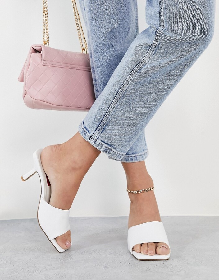 London Rebel square toe mid heel mule sandals in white - ShopStyle