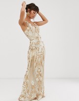 Thumbnail for your product : Bariano embellished patterned sequin strappy back maxi dress in gold