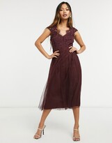 Thumbnail for your product : Little Mistress lace cap sleeve skater midi dress in burgundy
