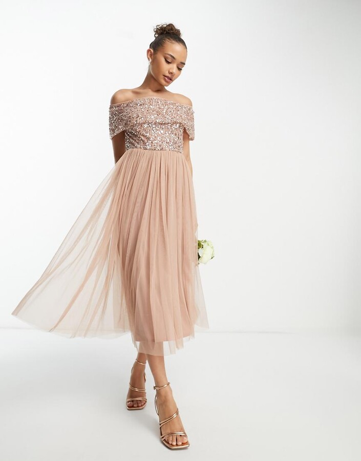 Beauut Bridesmaid bardot embellished midi dress in taupe ShopStyle