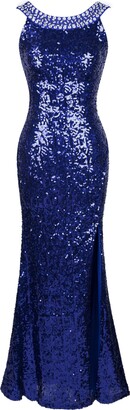 Angel-fashions Women's Sequin Backless Slit Long Prom Dress XXLarge Blue