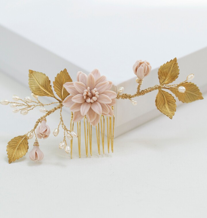 Etsy Nude/Beige Dahlia & Metal Leaves Hair Comb. Rustic Floral Bridal Headpiece. Fall Wedding Theme . Zoe Comb