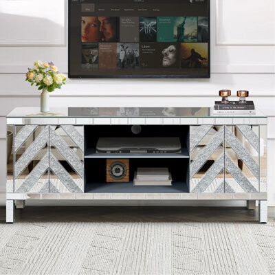 Everly Quinn Mirrored TV Stand For 65+ Inch TVSliver TV Console Table With Open Storage & 2 Storage CabinetsM Shape Sparkling Mirror Doors For Living Room(59''W