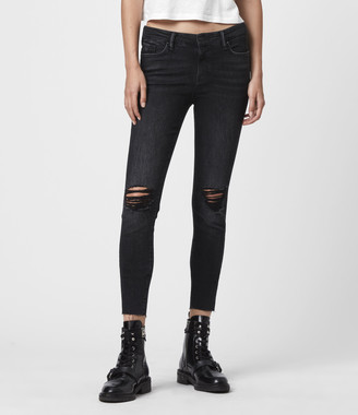 AllSaints Grace Cropped Ankle Fray Mid-Rise Skinny Jeans, Washed Black