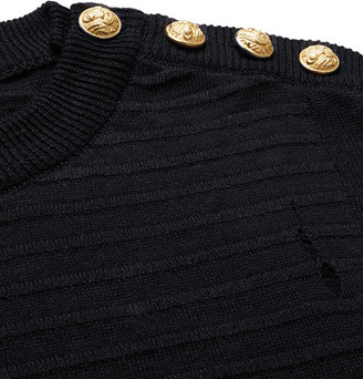 Balmain Slim-Fit Distressed Ribbed Linen Sweater
