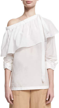 Robert Rodriguez Cotton-Silk One-Shoulder Ruffle Top, White