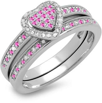 DazzlingRock Collection 10K White Gold Round Sapphire & White Diamond Ladies Bridal Engagement Ring Set (Size 5)