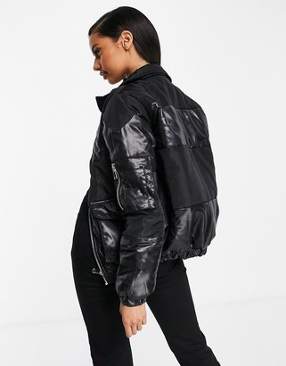 Qed London puffer jacket with PU panels in black