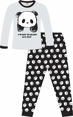 The PyjamaFactory Girls I Want to Sleep All Day Panda Short Pyjamas Black and White Pj 7-16 Years