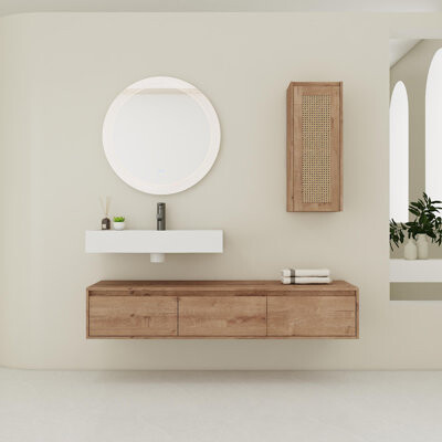 60 inch Wall-Mounted Bathroom Vanity with Resin Sink and Side Cabinet,3-Soft Close Drawer