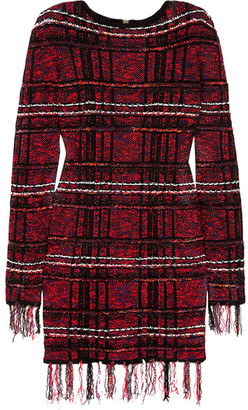Balmain Frayed Checked Tweed Mini Dress - Red