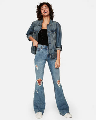Express Mid Rise Ripped Stretch Bell Flare Jeans