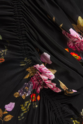 Preen Line Shae Asymmetric Ruched Floral-print Crepe De Chine Midi Dress