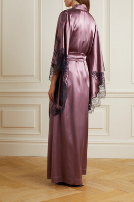 Belted lace-trimmed silk-satin robe