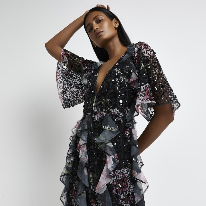 River Island Womens Black Sequin Frill Wrap Maxi Dress - ShopStyle