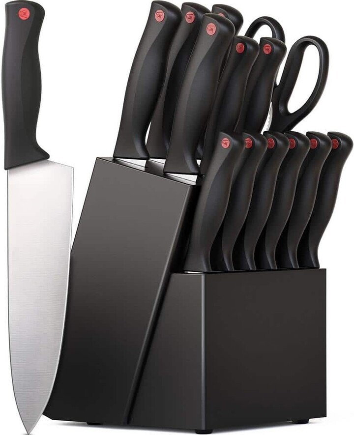 Numhew 15-Piece Stainless Steel Knife Set with Knife Block and Built-in Sharpener, Black and Silver