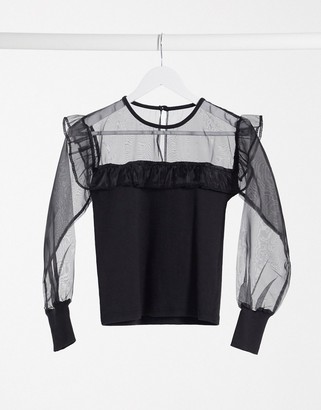 Influence blouse with organza frill sleeves in black