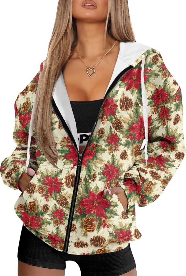 Dremagia Poinsettia Christmas Flower Hoodies for Women Trendy Long Sleeve Cardigan Jacket Full Zip-up Y2K Sweatshirts with Pockets Oversized Drop Shoulder Drawstring Hoodie