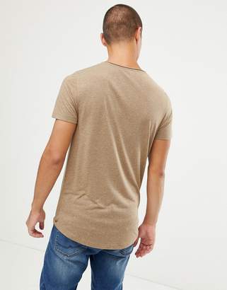 BEIGE Asos Design ASOS DESIGN longline t-shirt with raw scoop neck and curve hem in linen mix in