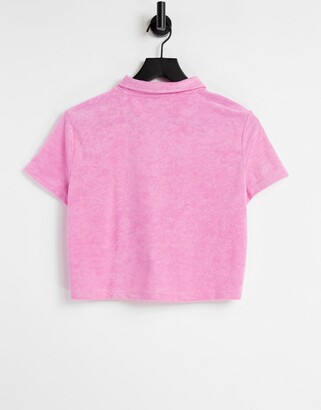 Stradivarius towelling short sleeve polo co-ord in pink