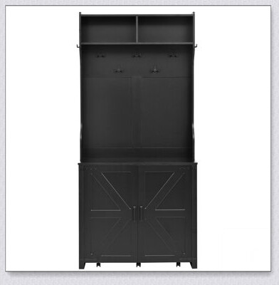 Farmhouse 4-in-1 Hall Tree with Barn Doors, Movable Bench, 7 Hooks, and Shoe Storage, Ideal for Organized Entryways