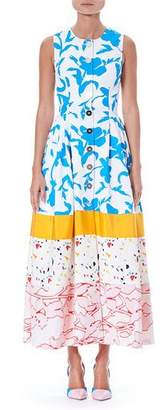 Carolina Herrera Sleeveless Button-Front Multi-Print Colorblock Long Shirtdress