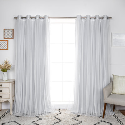 Best Home Fashion, Inc. Kamontae Polyester Room Darkening And Ruched Tulle Sheer Silver Grommet Curtain Pair (Set Of 4)