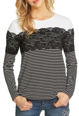 CeCe Striped Lace Yoke Sweater