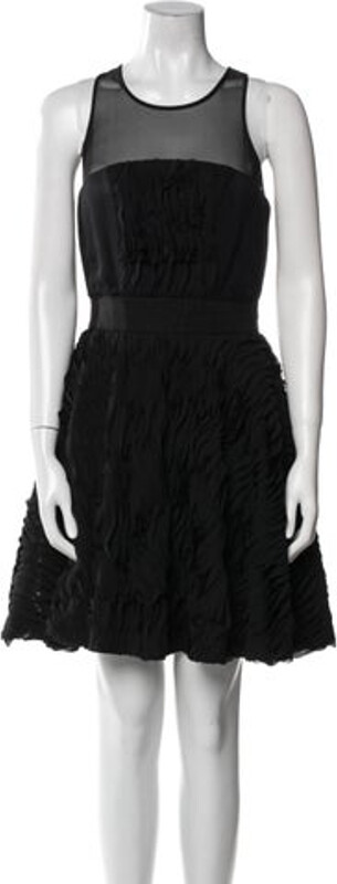 Milly A-Line Dress Black Ruffle Embellishment Sleeveless with Scoop Neck Exposed Zip Closure at Back Designer