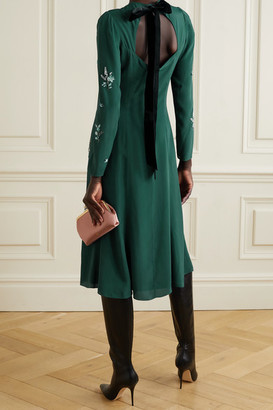 Erdem Velvet-trimmed Embellished Cutout Crepe Midi Dress - Emerald