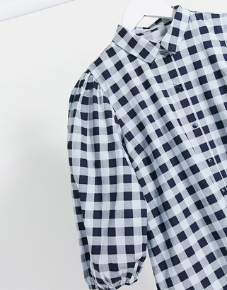 Pieces smock shirt dress with puff sleeves in blue gingham check