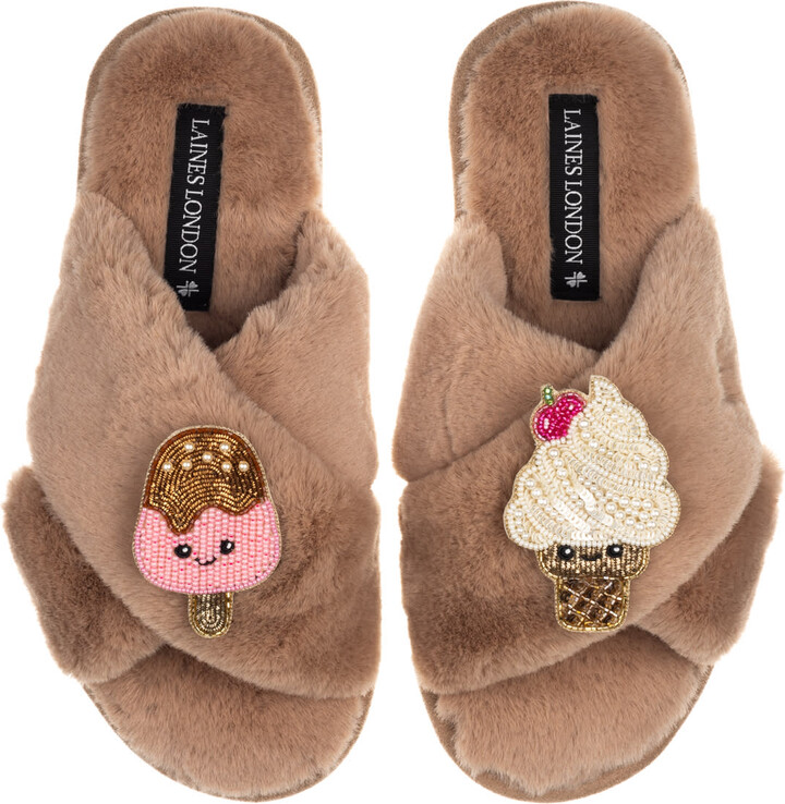Laines London Brown Classic Slippers With Laines Lovables Ice Lolly & Ice Cream Brooches - Toffee