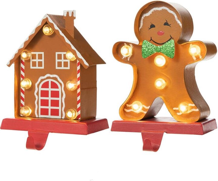 Marquee LED Gingerbread House and Gingerbread Man Christmas Stocking Holder (2-Count)