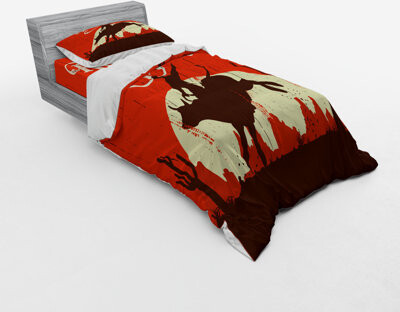 Ambesonne Vintage Rodeo Cowboy Riding Bull Wooden Old Sign Western Wilderness At Sunset Image Duvet Cover Set