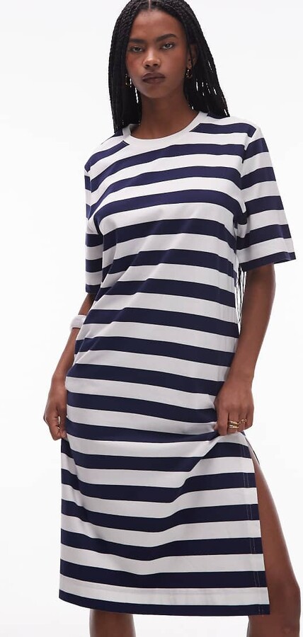 Arket pure cotton boxy fit midi T-shirt dress in navy and white stripe
