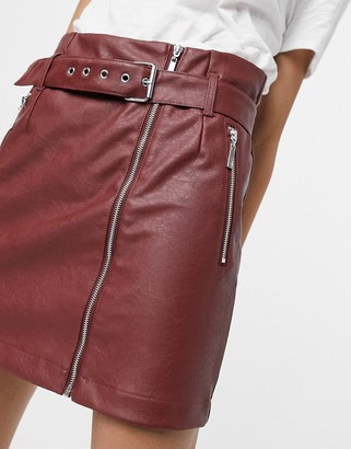 Noisy May leather-look mini skirt with zip details in dark red