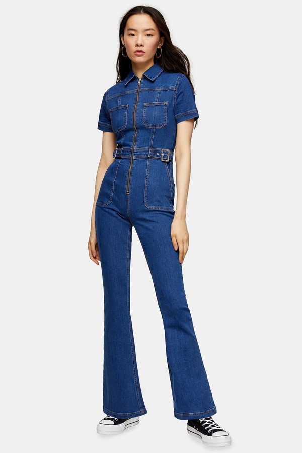 Topshop Stretch Denim Flared Boiler Suit With Buckle - ShopStyle