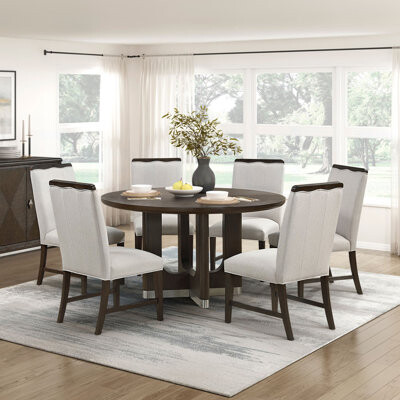 Hokku Designs Modern Brown Finish Dining Set Round Table and Side Chairs Beige Upholstered Comfort Durable Metallic Accent Base Table Wooden Furniture