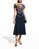 Thumbnail for your product : Oscar de la Renta Embroidered Floral Applique Midi Dress