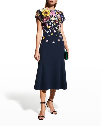 Oscar de la Renta Embroidered Floral Applique Midi Dress