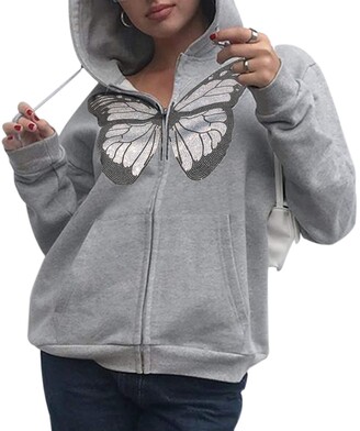 MISSACTIVER Women Y2K Oversized Butterfly Graphic Zip Up Sweatshirt Drawstring Long Sleeve Solid Hoodie Top 