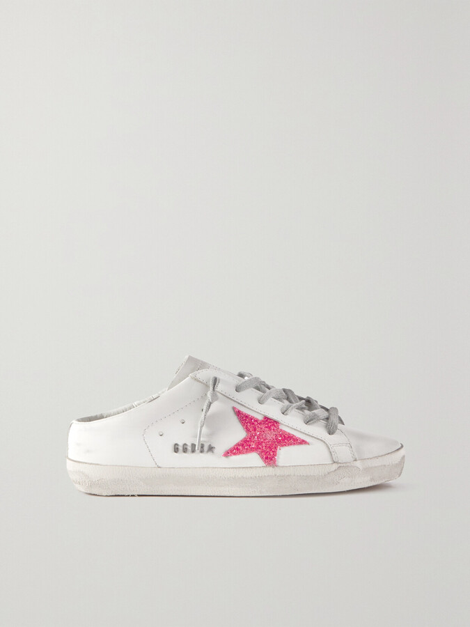 Golden Goose Superstar Distressed Glittered Leather Slip-on Sneakers - White