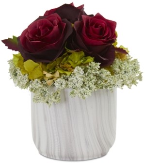 Nearly Natural Rose & Hydrangea Artificial Arrangement in Faux Marble Vase