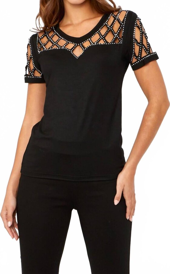 Frank Lyman Studded Scoop Neck Knit Top In Black