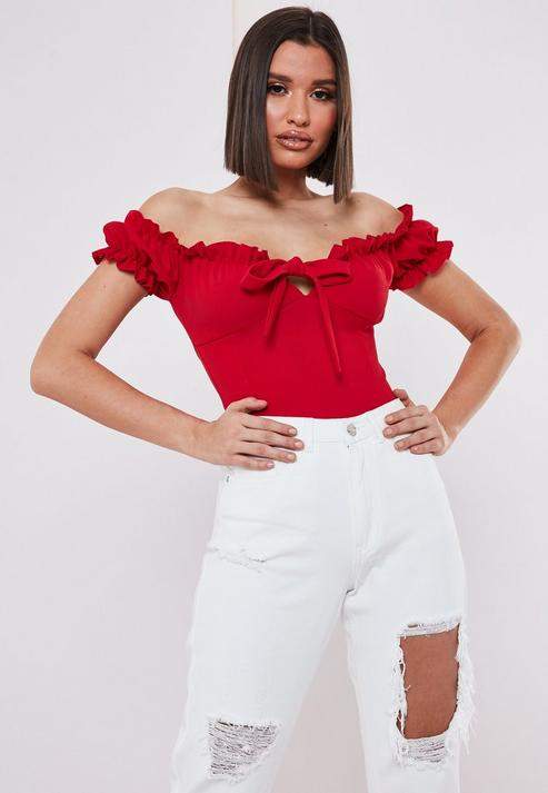 Missguided Red Milkmaid Tie Front Bardot Bodysuit - ShopStyle Women's  Fashion