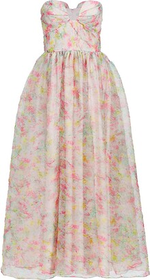 ML Monique Lhuillier Floral Crinkled Organza Maxi Dress