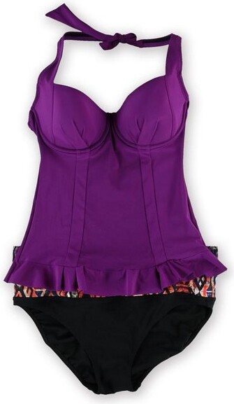 Gottex ProfileWomensPeplumAztecRuffle2PieceTankinivioletblack32D
