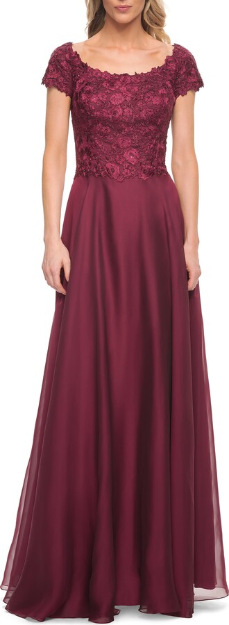 La Femme Short Sleeve Chiffon Dress with Lace Bodice