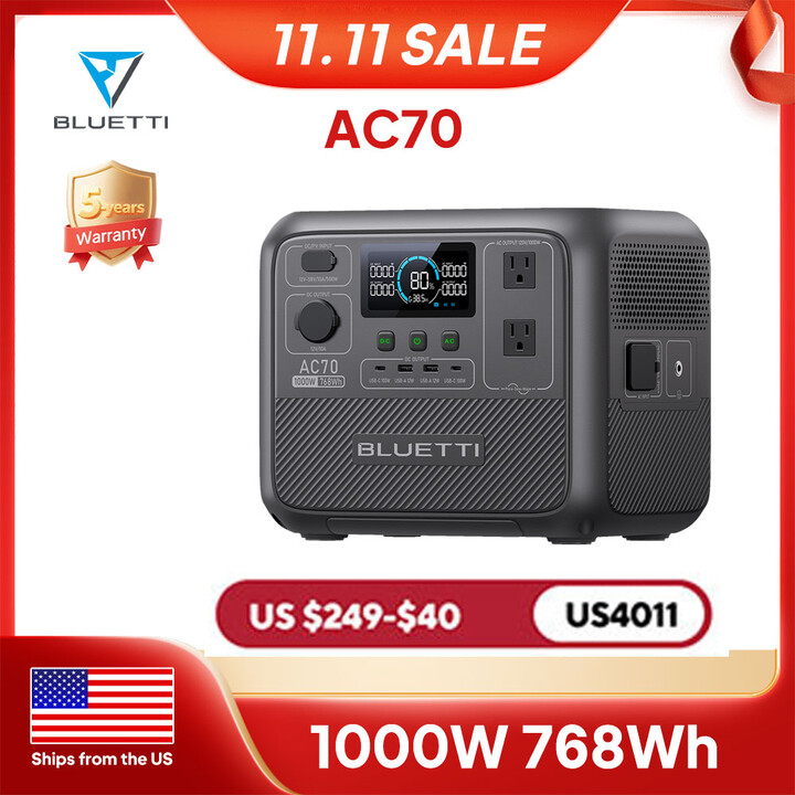 [US Plug] BLUETTI AC70 Portable Power Station 1000W 768Wh, Solar Generator for Road Trip, Off-grid, Power Outage