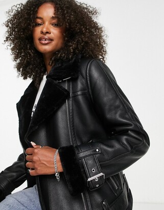 Topshop Tall faux leather shearling aviator moto jacket in black - ShopStyle